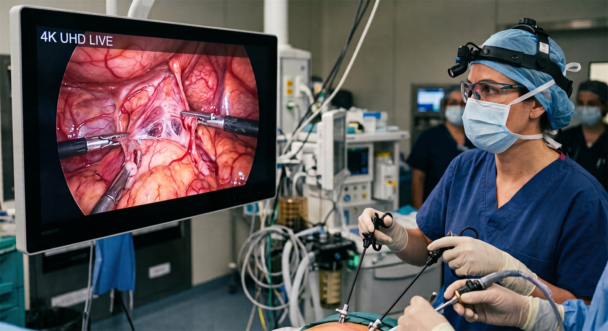 Surgeon performing a laparoscopic procedure while watching a 4K UHD monitor